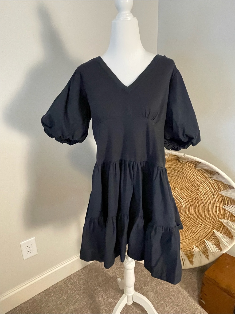 Navy V-Neck Puff Sleeve Tiered Dress